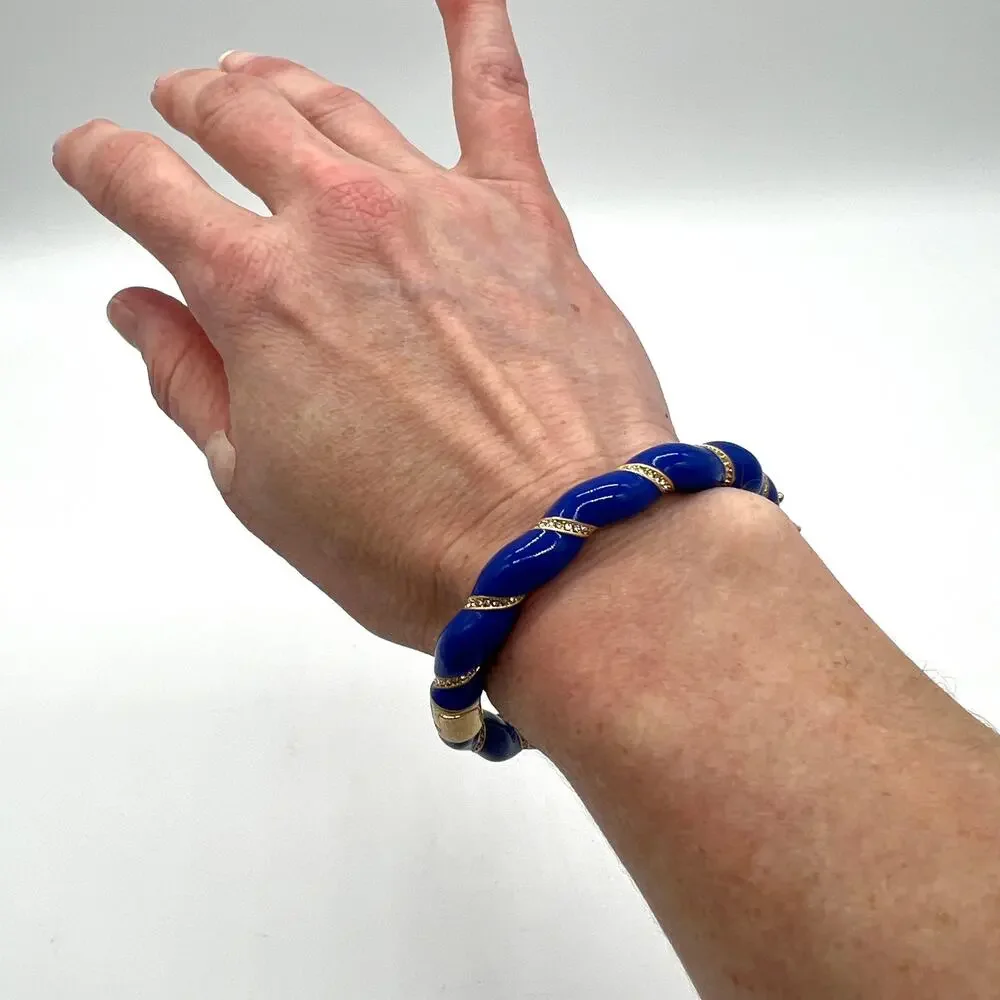 CLARE V Gold Plated Enamel Rope Bangle Bracelet Blue Rhinestone Crystal NEW